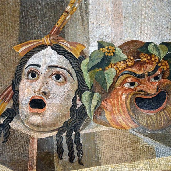 Mosaic depicting theatrical masks of Tragedy and Comedy Thermae Decianae